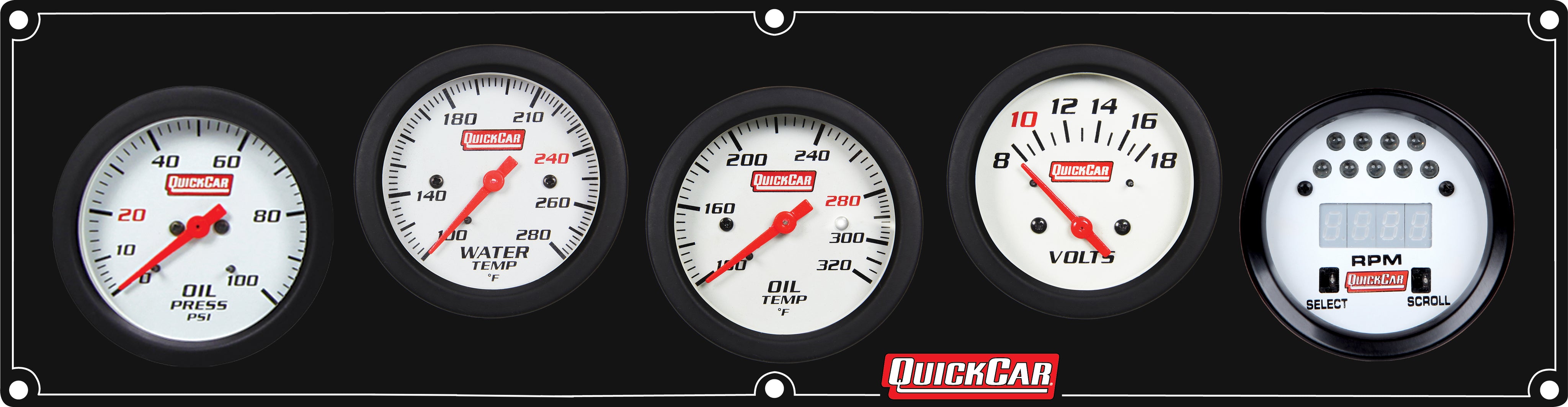 QuickCar Extreme Gauge Panel Assembly - OP / OT / WT / Volt / Extreme Digital Tach - 2-5/8 in Diameter - Black Panel / White Face - Warning Lights