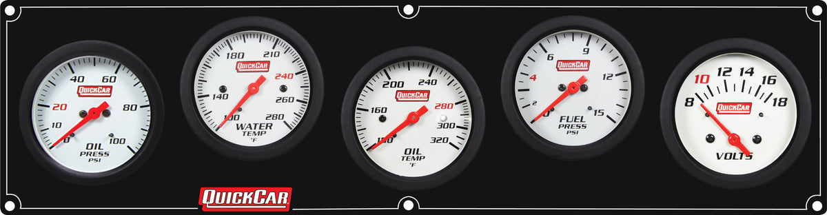 QuickCar Extreme Gauge Panel Assembly - FP / OP / OT / WT / Volt - 2-5/8 in Diameter - Black Panel / White Face - Warning Lights