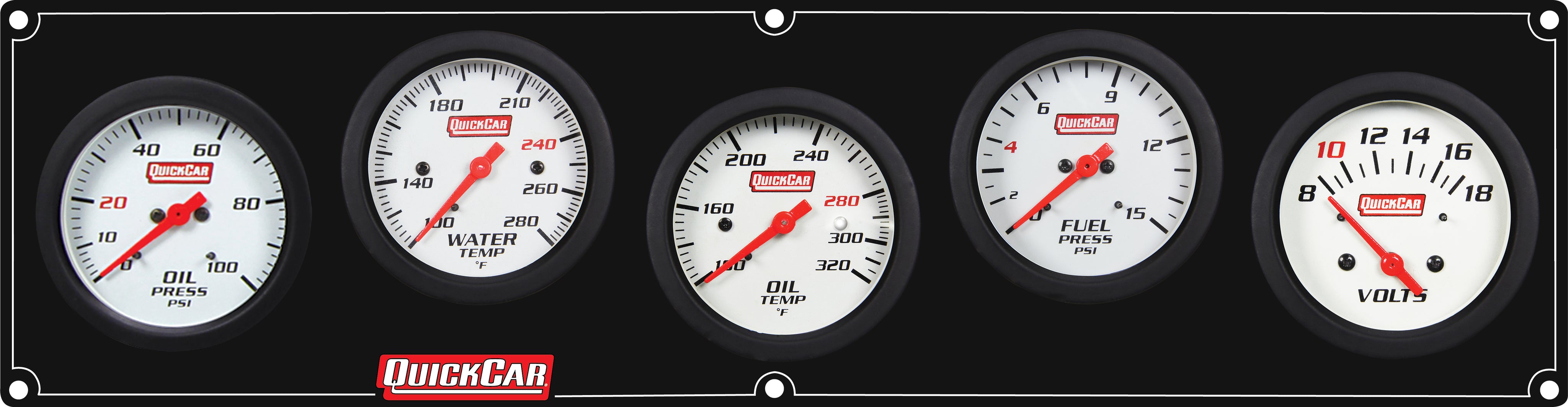 QuickCar Extreme Gauge Panel Assembly - FP / OP / OT / WT / Volt - 2-5/8 in Diameter - Black Panel / White Face - Warning Lights