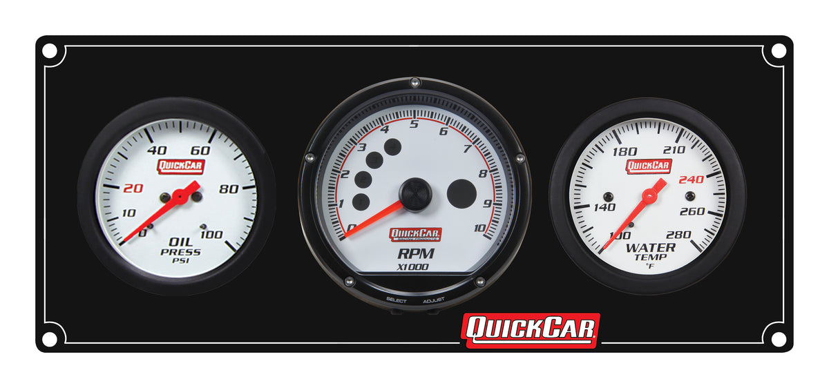 QuickCar Extreme Gauge Panel Assembly - OP / WT / Multi-Recall Tach - 2-5/8 in Diameter - Black Panel / White Face
