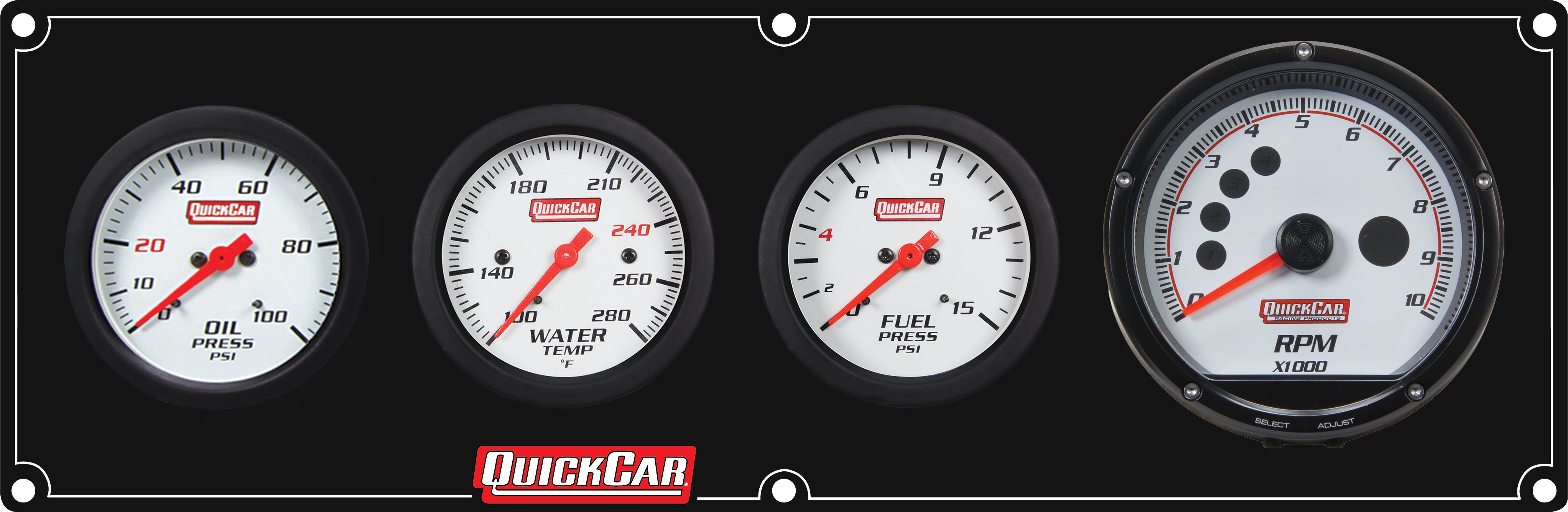 QuickCar Extreme Gauge Panel Assembly - FP / OP / WT / Extreme Digital Tach - 2-5/8 in Diameter - Black Panel / White Face - Warning Lights
