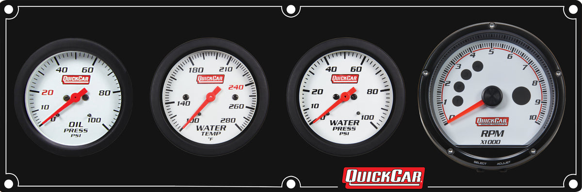 QuickCar Extreme Gauge Panel Assembly - OP / WT / WP / Multi-Recall Tach - 2-5/8 in Diameter - Black Panel / White Face - Warning Lights