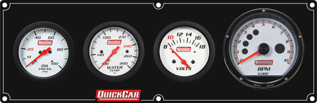 QuickCar Extreme Gauge Panel Assembly - OP / WT / Volt / Multi-Recall Tach - 2-5/8 in Diameter - Black Panel / White Face - Warning Lights