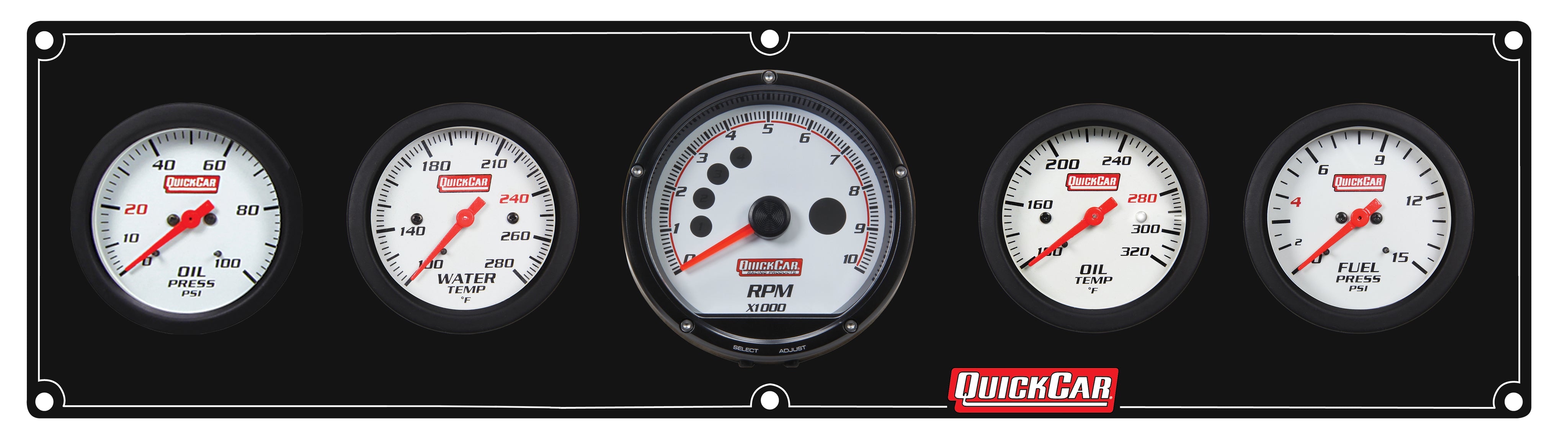 QuickCar Extreme Gauge Panel Assembly - FP / OP / OT / WT / Multi-Recall Tach - 2-5/8 in Diameter - Black Panel / White Face - Warning Lights