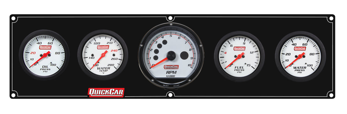 QuickCar Extreme Gauge Panel Assembly - FP / OP / WT / WP / Multi-Recall Tach - 2-5/8 in Diameter - Black Panel / White Face - Warning Lights