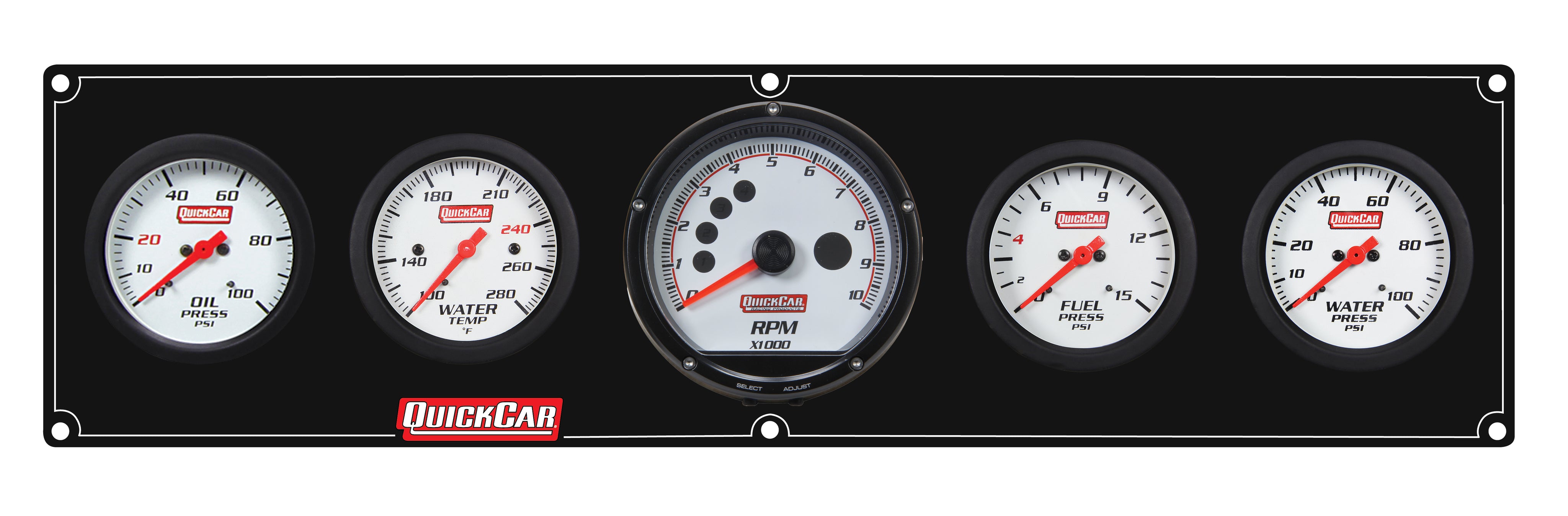 QuickCar Extreme Gauge Panel Assembly - FP / OP / WT / WP / Multi-Recall Tach - 2-5/8 in Diameter - Black Panel / White Face - Warning Lights