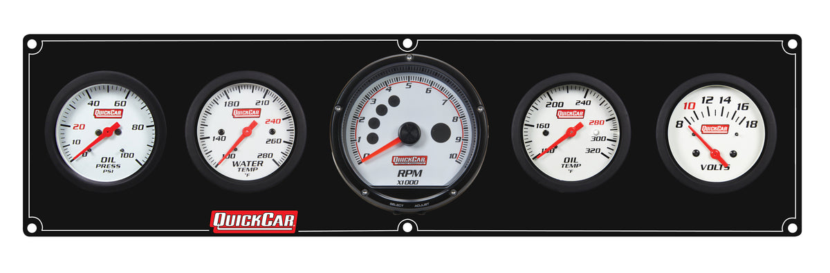 QuickCar Extreme Gauge Panel Assembly - OP / OT / WT / Volt / Multi-Recall Tach - 2-5/8 in Diameter - Black Panel / White Face - Warning Lights