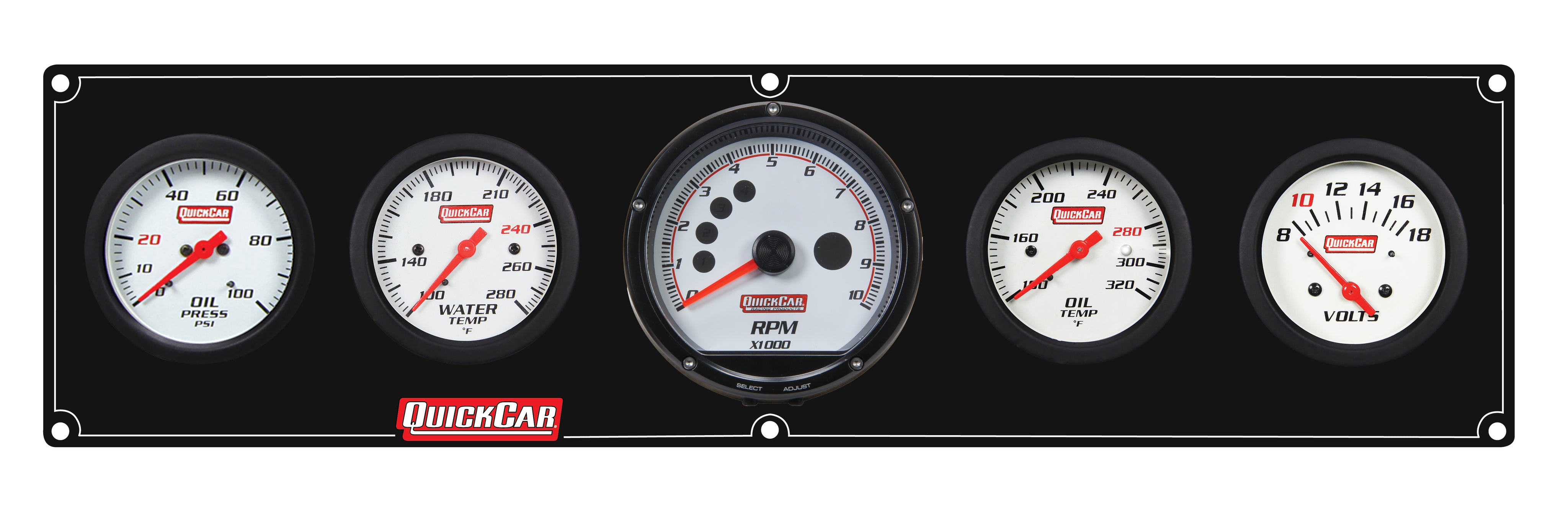 QuickCar Extreme Gauge Panel Assembly - OP / OT / WT / Volt / Multi-Recall Tach - 2-5/8 in Diameter - Black Panel / White Face - Warning Lights