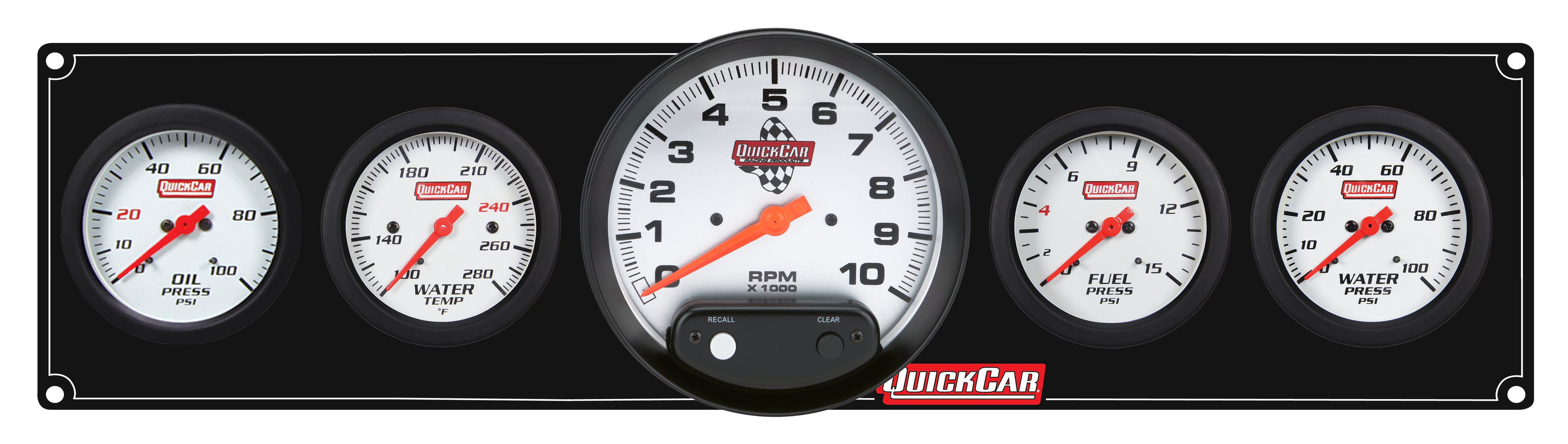 QuickCar Extreme Gauge Panel Assembly - FP / OP / WT / WP / 5 in Tach - 2-5/8 in Diameter - Black Panel / White Face - Warning Lights