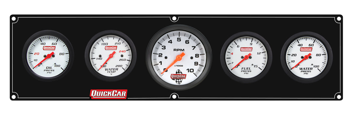 QuickCar Extreme Gauge Panel Assembly - FP / OP / WT / WP / 3-3/8 in Tach - 2-5/8 in Diameter - Black Panel / White Face - Warning Lights