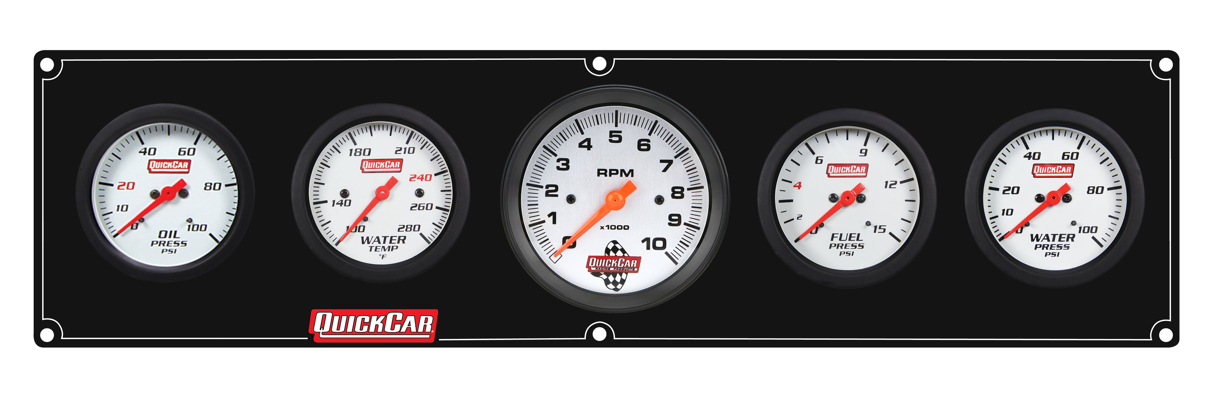 QuickCar Extreme Gauge Panel Assembly - FP / OP / WT / WP / 3-3/8 in Tach - 2-5/8 in Diameter - Black Panel / White Face - Warning Lights