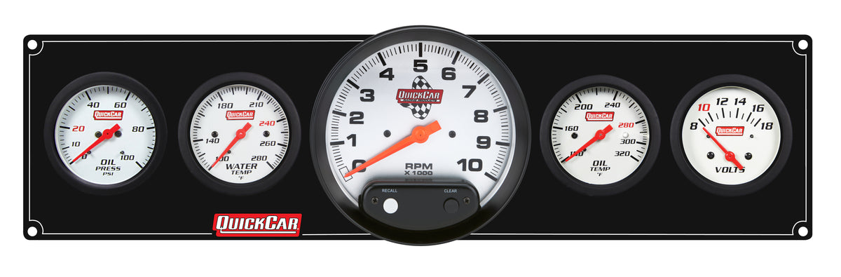 QuickCar Extreme Gauge Panel Assembly - OP / OT / WT / Volt / 5 in Tach - 2-5/8 in Diameter - Black Panel / White Face - Warning Lights