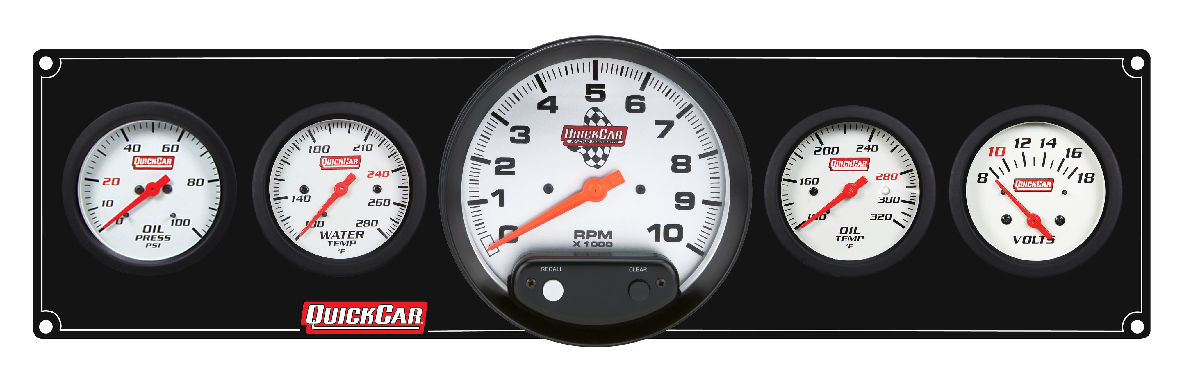 QuickCar Extreme Gauge Panel Assembly - OP / OT / WT / Volt / 5 in Tach - 2-5/8 in Diameter - Black Panel / White Face - Warning Lights
