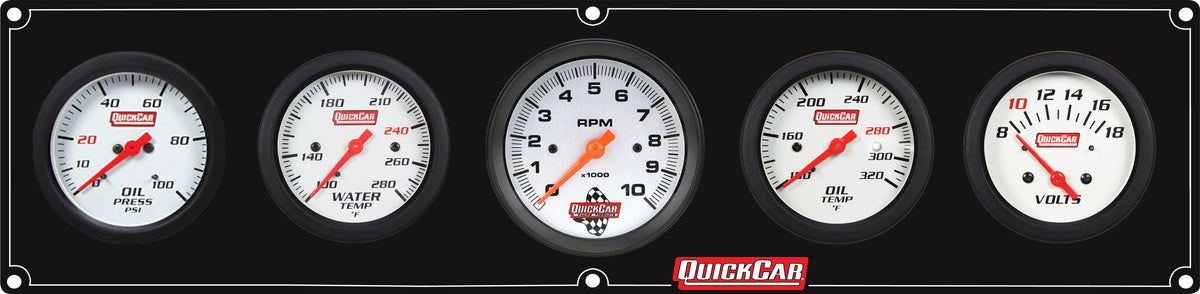 QuickCar Extreme Gauge Panel Assembly - OP / OT / WT / Volt / 3-3/8 in Tach - 2-5/8 in Diameter - Black Panel / White Face - Warning Lights