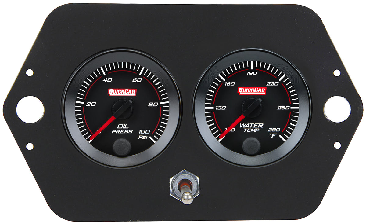 QuickCar Redline Midget / Micro Sprint Gauge Panel Assembly - OP / WT - 2-1/16 in Diameter - Battery Operated - Black Panel / Black Face