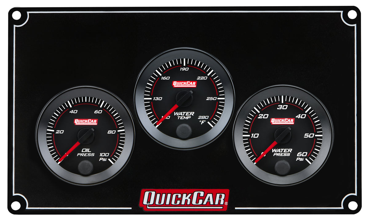QuickCar Redline Gauge Panel Assembly - OP / WT / WP - 2-1/16 in Diameter - Black Panel / Black Face