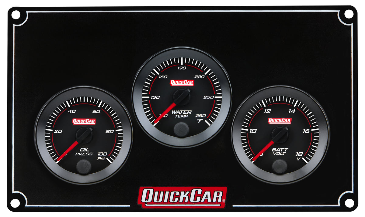 QuickCar Redline Gauge Panel Assembly - OP / WT / Volt - 2-1/16 in Diameter - Black Panel / Black Face