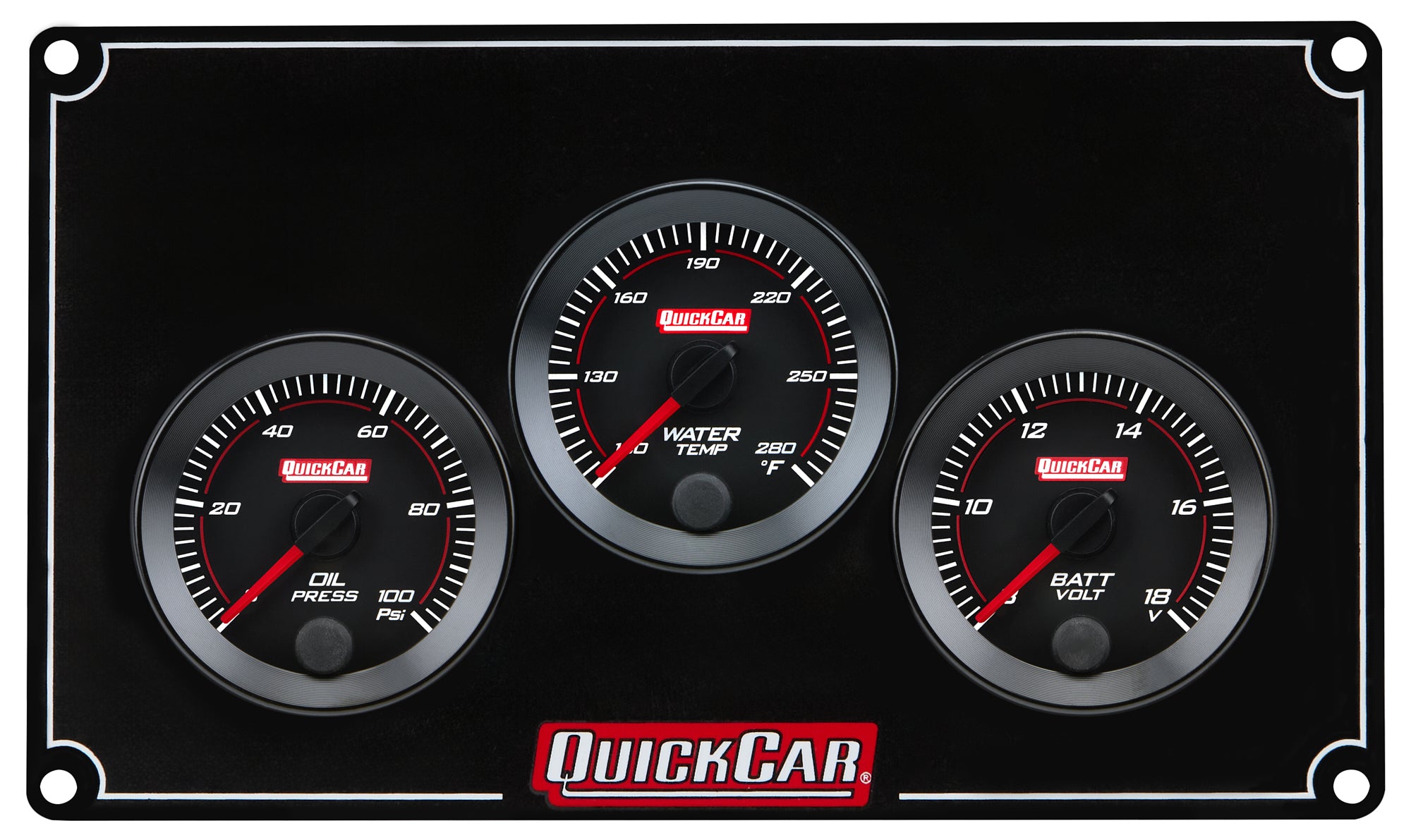 QuickCar Redline Gauge Panel Assembly - OP / WT / Volt - 2-1/16 in Diameter - Black Panel / Black Face