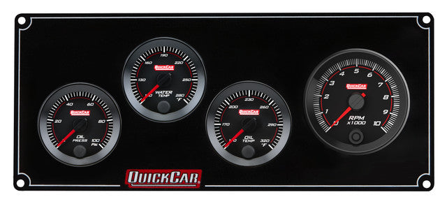 QuickCar Redline Gauge Panel Assembly - OP / WT / OT / 2-5/8 in Recall Tach - 2-1/16 in Diameter - Black Panel / Black Face