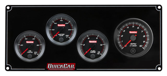 QuickCar Redline Gauge Panel Assembly - OP / WT / 2-5/8 in Recall Tach / 0-15 psi FP - 2-1/16 in Diameter - Black Panel / Black Face
