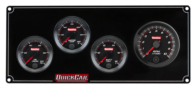 QuickCar Redline Gauge Panel Assembly - OP / WT / Volt / 2-5/8 in Recall Tach - 2-1/16 in Diameter - Black Panel / Black Face