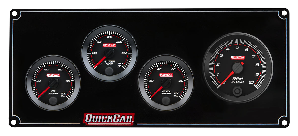 QuickCar Redline Gauge Panel Assembly - OP / WT / 2-5/8 in Recall Tach / 0-100 psi FP - 2-1/16 in Diameter - Black Panel / Black Face