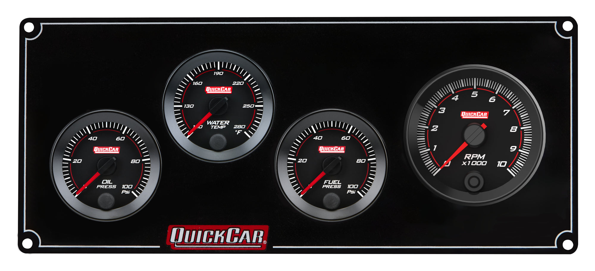 QuickCar Redline Gauge Panel Assembly - OP / WT / 2-5/8 in Recall Tach / 0-100 psi FP - 2-1/16 in Diameter - Black Panel / Black Face