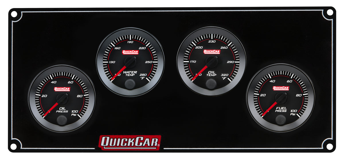 QuickCar Redline Gauge Panel Assembly - OP / WT / OT / 0-100 psi FP - 2-1/16 in Diameter - Black Panel / Black Face