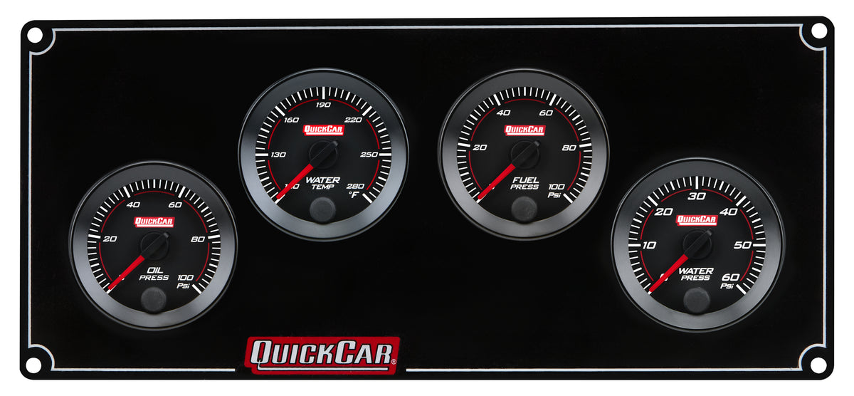QuickCar Redline Gauge Panel Assembly - OP / WT / Volt / 0-100 psi FP - 2-1/16 in Diameter - Black Panel / Black Face