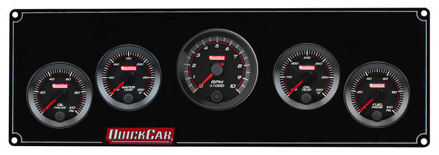QuickCar Redline Gauge Panel Assembly - OP / WT / OT / 2-5/8 in Recall Tach / 0-100 psi FP - 2-1/16 in Diameter - Black Panel / Black Face