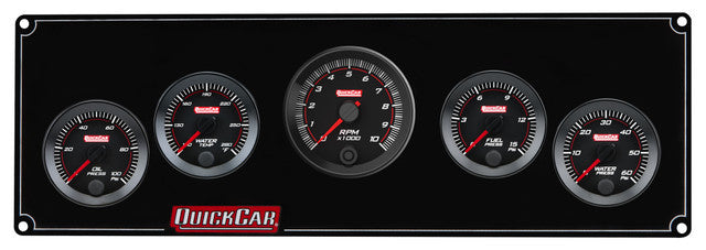 QuickCar Redline Gauge Panel Assembly - OP / WT / WP / 2-5/8 in Recall Tach / 0-15 psi FP - 2-1/16 in Diameter - Black Panel / Black Face