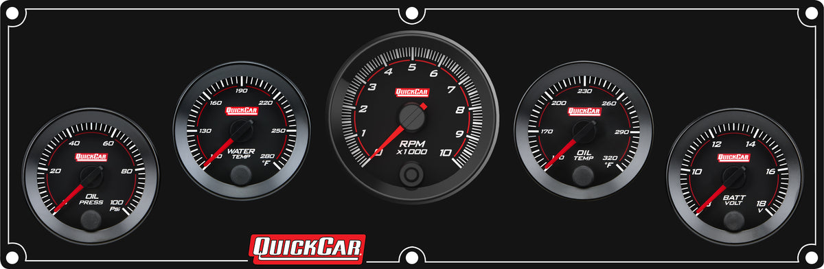 QuickCar Redline Gauge Panel Assembly - OP / WT / OT / Volt / 2-5/8 in Recall Tach - 2-1/16 in Diameter - Black Panel / Black Face