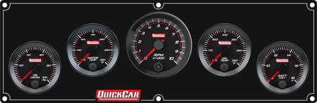 QuickCar Redline Gauge Panel Assembly - OP / WT / OT / Volt / 2-5/8 in Recall Tach - 2-1/16 in Diameter - Black Panel / Black Face