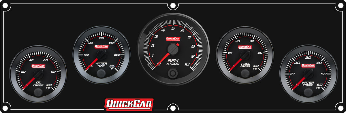 QuickCar Redline Gauge Panel Assembly - OP / WT / WP / 2-5/8 in Recall Tach / 0-100 psi FP - 2-1/16 in Diameter - Black Panel / Black Face
