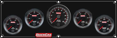 QuickCar Redline Gauge Panel Assembly - OP / WT / WP / 2-5/8 in Recall Tach / 0-100 psi FP - 2-1/16 in Diameter - Black Panel / Black Face