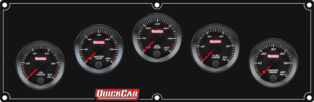 QuickCar Redline Gauge Panel Assembly - OP / WT / OT / WP / 0-100 psi FP - 2-1/16 in Diameter - Black Panel / Black Face