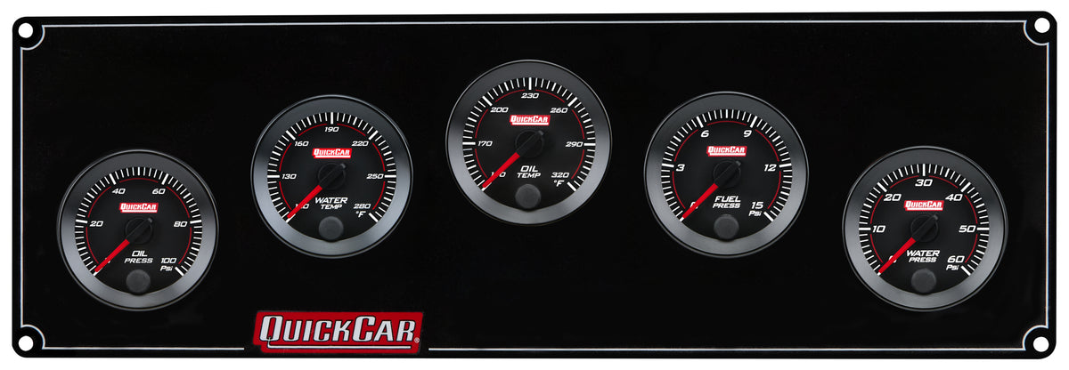 QuickCar Redline Gauge Panel Assembly - OP / WT / OT / WP / 0-15 psi FP - 2-1/16 in Diameter - Black Panel / Black Face