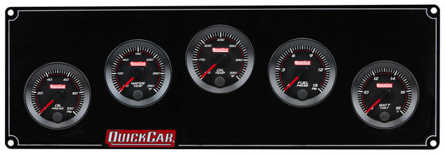 QuickCar Redline Gauge Panel Assembly - OP / WT / OT / Volt / 0-15 psi FP - 2-1/16 in Diameter - Black Panel / Black Face