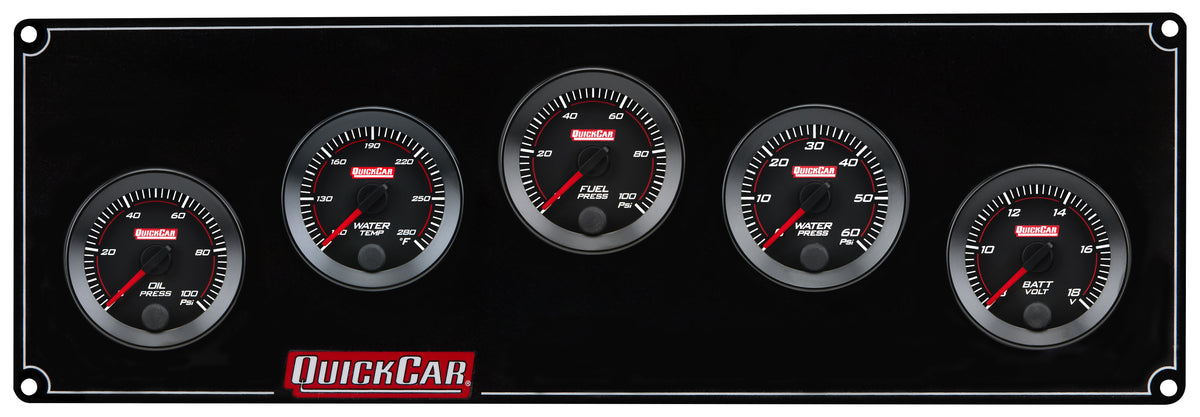 QuickCar Redline Gauge Panel Assembly - OP / WT / WP / Volt / 0-100 psi FP - 2-1/16 in Diameter - Black Panel / Black Face