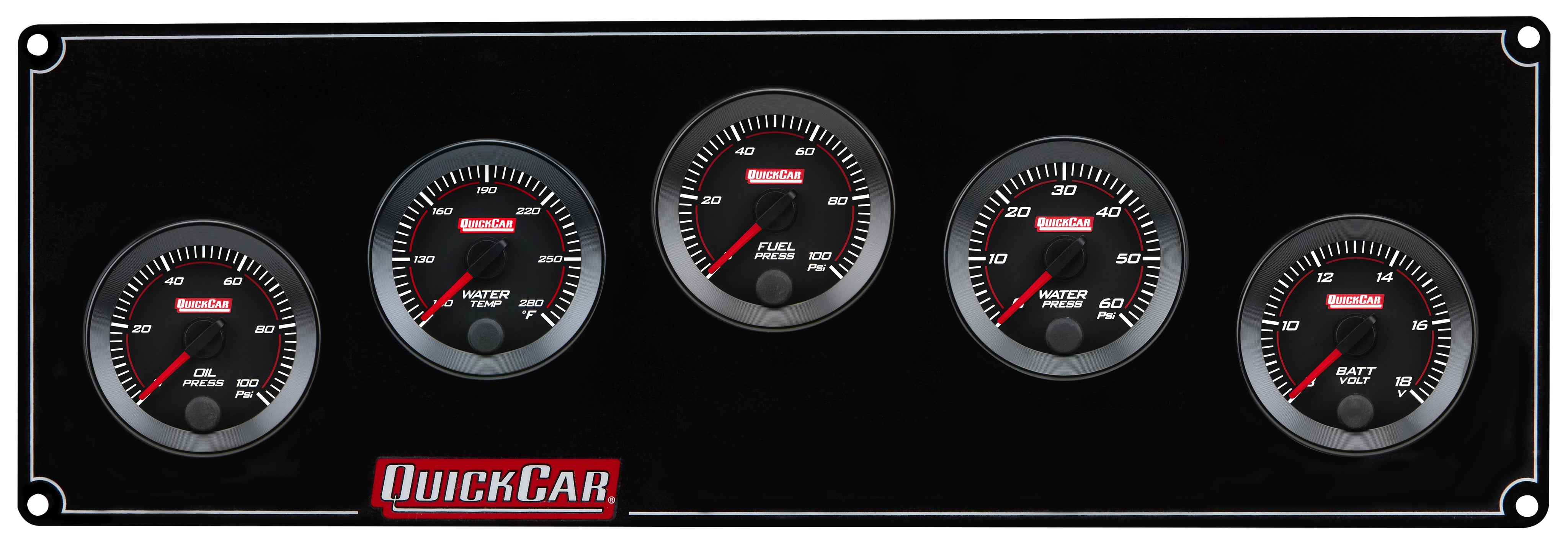 QuickCar Redline Gauge Panel Assembly - OP / WT / WP / Volt / 0-100 psi FP - 2-1/16 in Diameter - Black Panel / Black Face