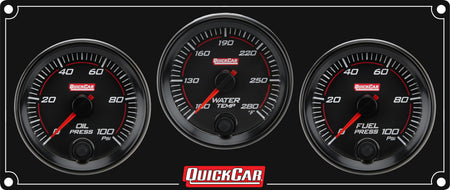 QuickCar Redline Gauge Panel Assembly - OP / WT / 0-100 psi FP - 2-5/8 in Diameter - Black Panel / Black Face