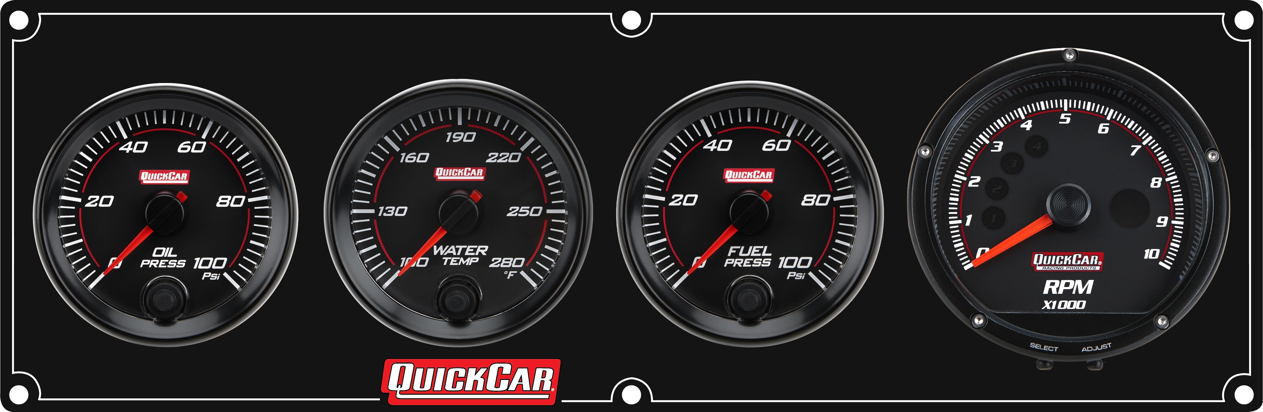 QuickCar Redline Gauge Panel Assembly - OP / WT / FP / 2-5/8 in Recall Tach - 3 in / 2-5/8 in Diameter - Black Panel / Black Face