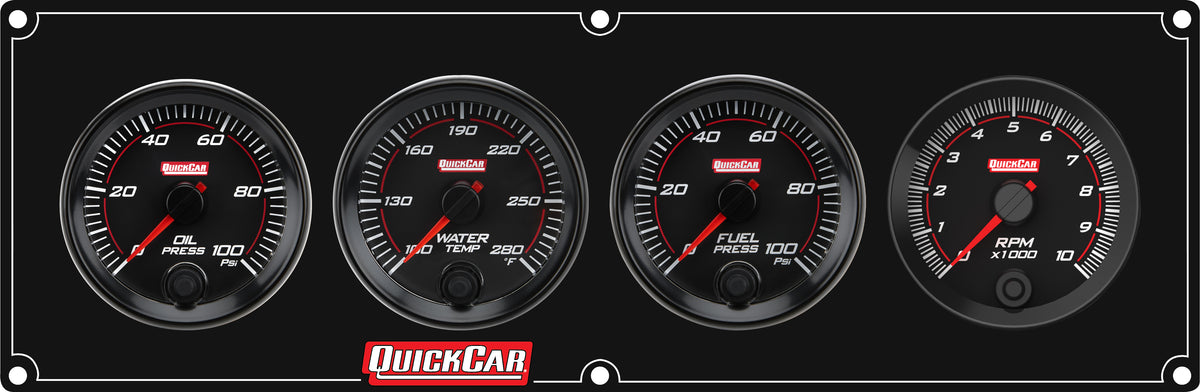 QuickCar Redline Gauge Panel Assembly - OP / WT / Recall Tach / 0-100 psi FP - 2-5/8 in Diameter - Black Panel / Black Face
