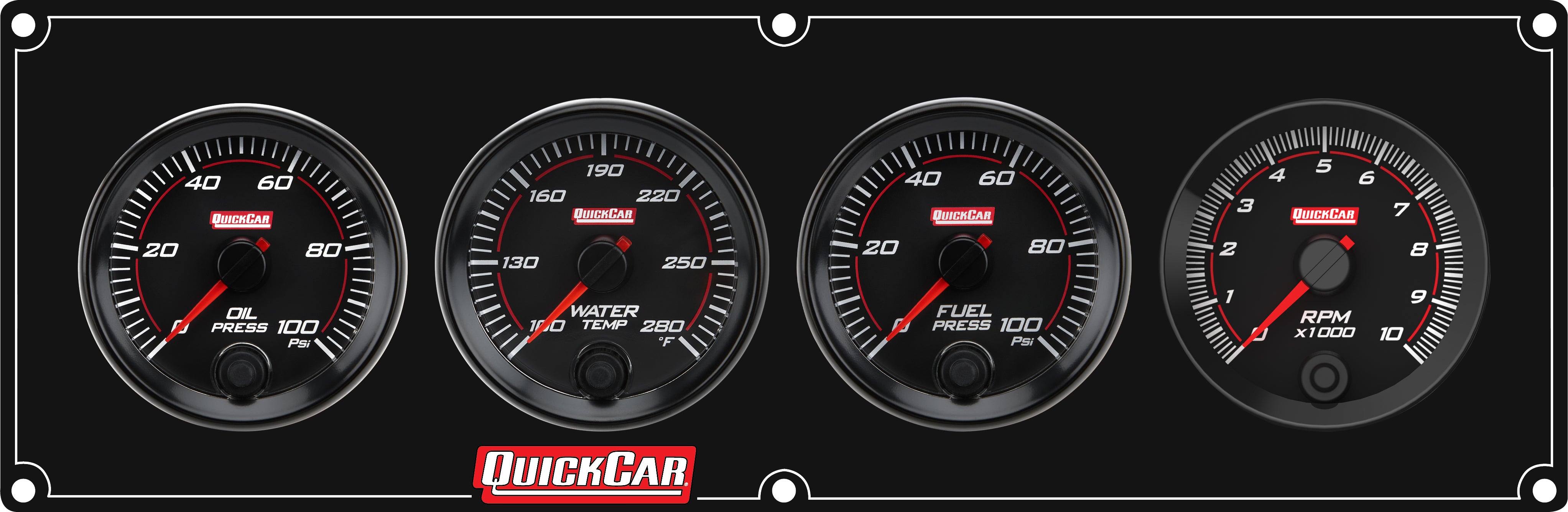 QuickCar Redline Gauge Panel Assembly - OP / WT / Recall Tach / 0-100 psi FP - 2-5/8 in Diameter - Black Panel / Black Face