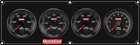 QuickCar Redline Gauge Panel Assembly - OP / WT / Recall Tach / 0-100 psi FP - 2-5/8 in Diameter - Black Panel / Black Face
