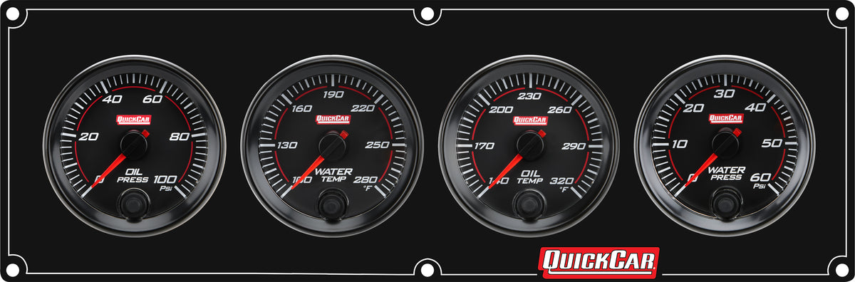 QuickCar Redline Gauge Panel Assembly - OP / WT / OT / WP - 2-5/8 in Diameter - Black Panel / Black Face