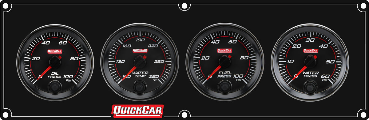 QuickCar Redline Gauge Panel Assembly - OP / WT / WP / 0-100 psi FP - 2-5/8 in Diameter - Black Panel / Black Face