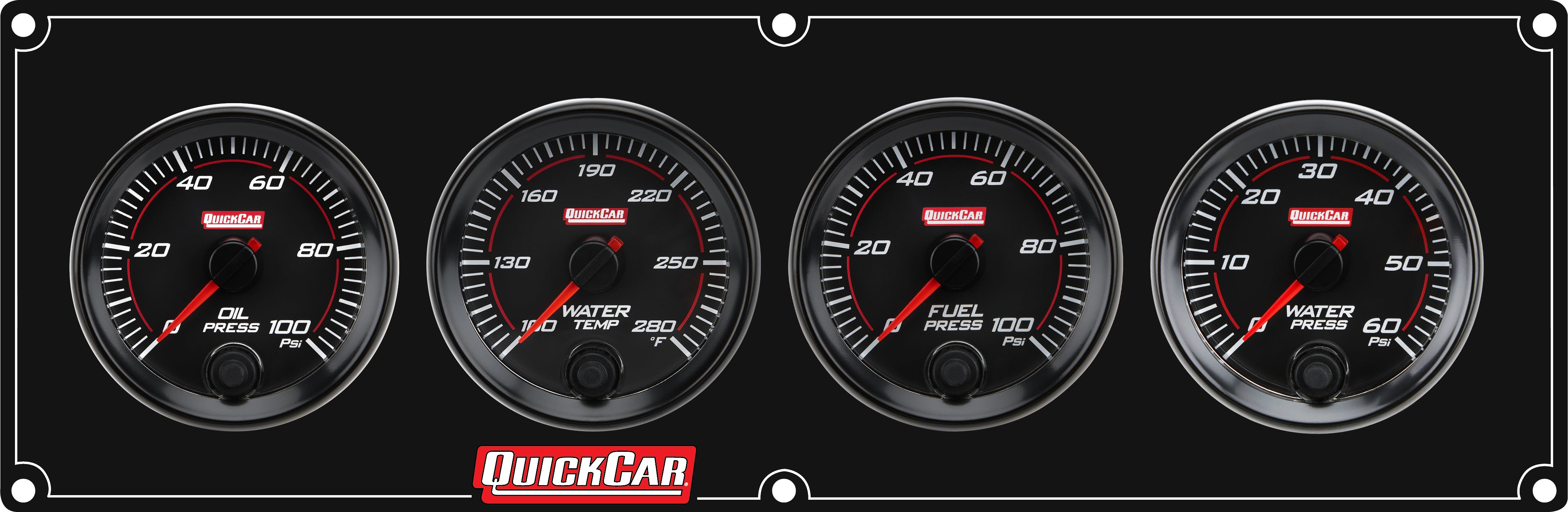 QuickCar Redline Gauge Panel Assembly - OP / WT / WP / 0-100 psi FP - 2-5/8 in Diameter - Black Panel / Black Face