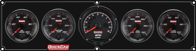 QuickCar Redline Gauge Panel Assembly - OP / WT / OT / 2-5/8 in Recall Tach / 0-100 psi FP - 2-5/8 in Diameter - Black Panel / Black Face