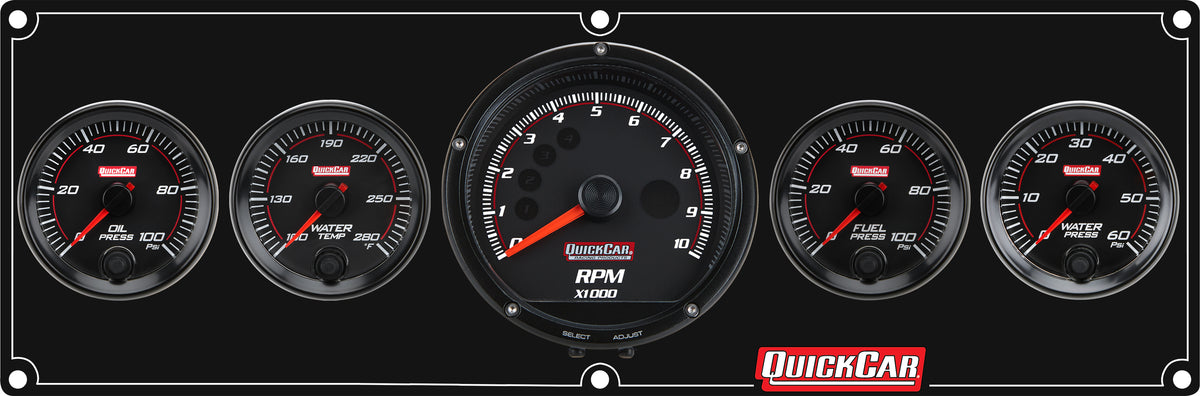 QuickCar Redline Gauge Panel Assembly - OP / WT / WP / 2-5/8 in Recall Tach / 0-100 psi FP - 2-5/8 in Diameter - Black Panel / Black Face